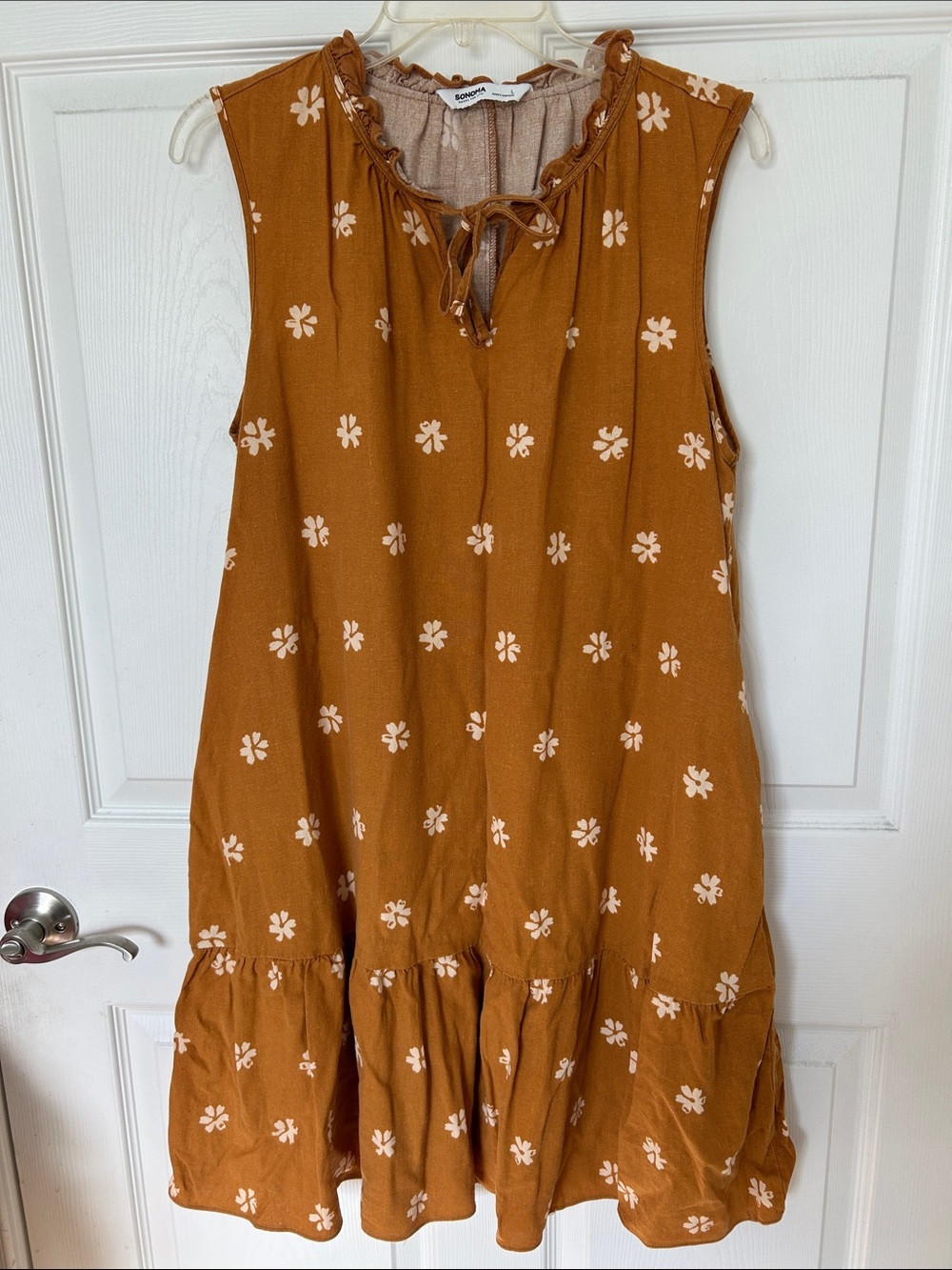 Sonoma Mustard  Floral Tiered Mid length Sleeveless Dress, Size L, Gently Used.